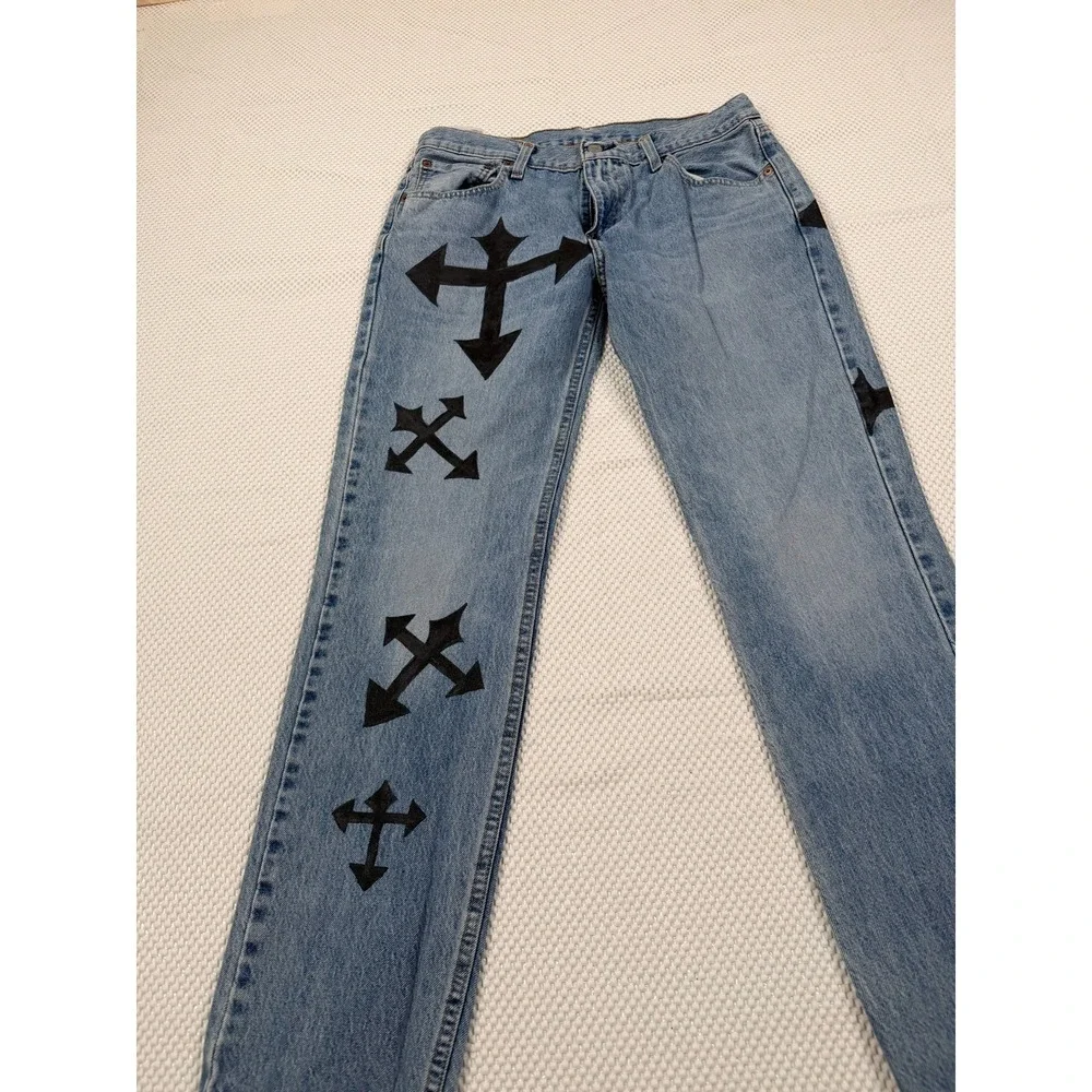 Levi's 511 Slim Jeans W32 L30 Light Wash Custom Cross Graphic Denim Pants